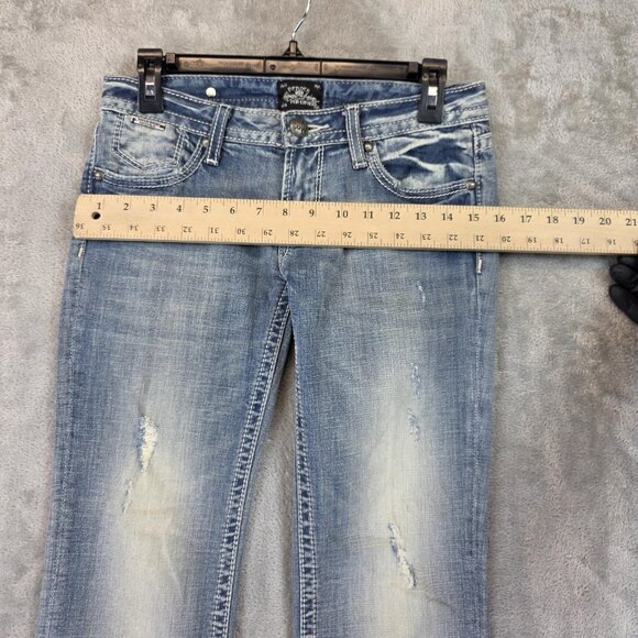 Rerock for Express Jeans Womens 2 Blue Bootcut Stretch Distressed Embroidered - Picture 5 of 12